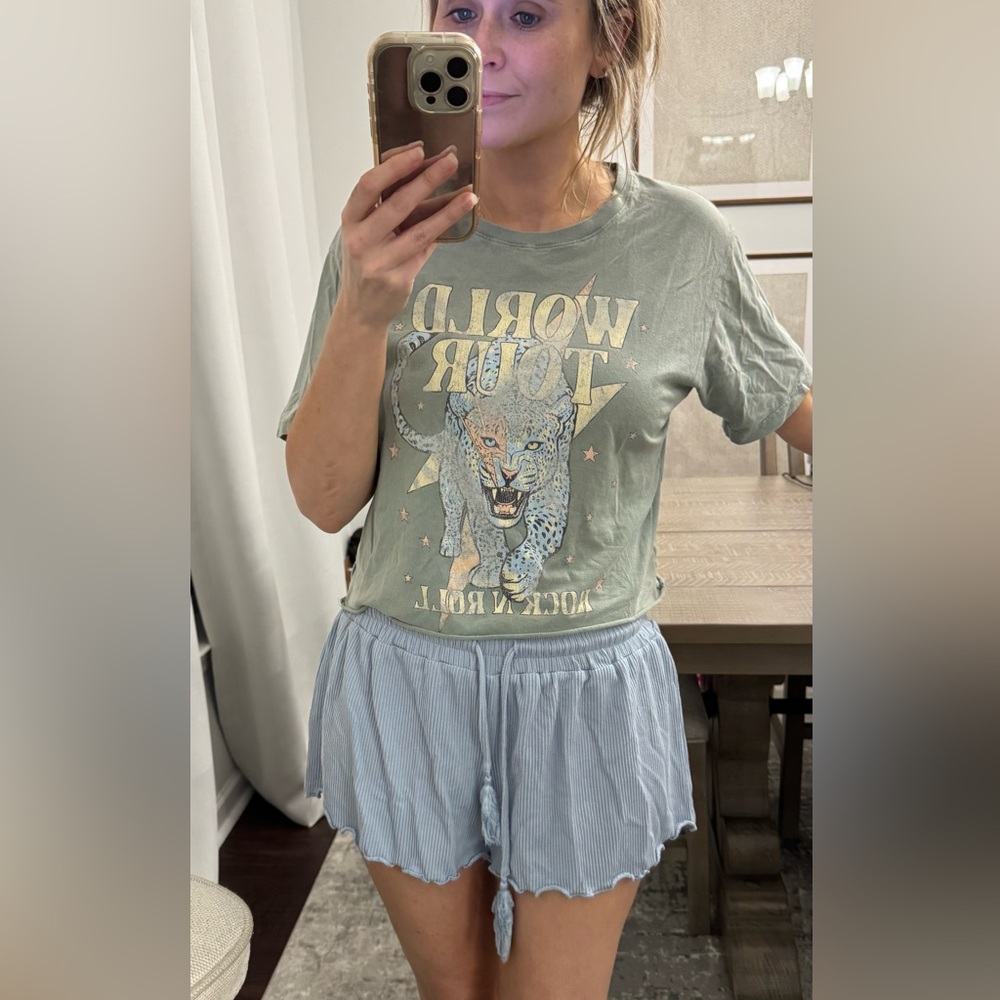 Vintage Worn Look World Tour Graphic Tee - Muted Light Green Tshirt - Picture 10 of 16
